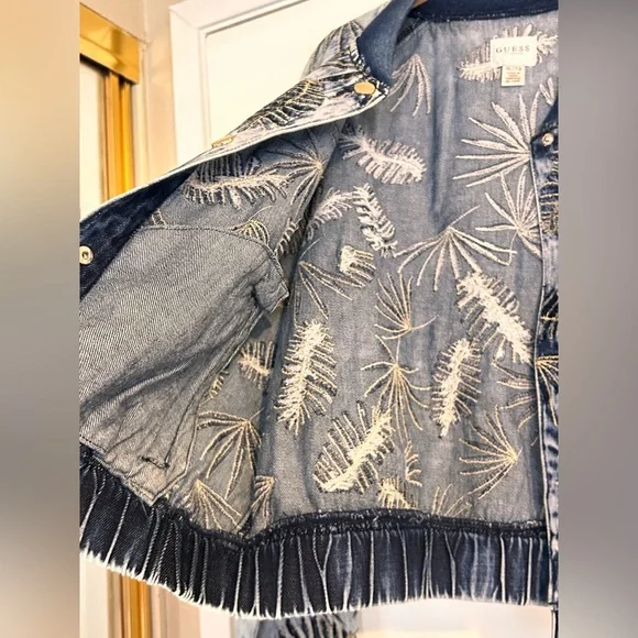 Guess Women's Blue Gold Embroidered Burnished Bomber Jacket Size XL - Picture 7 of 10